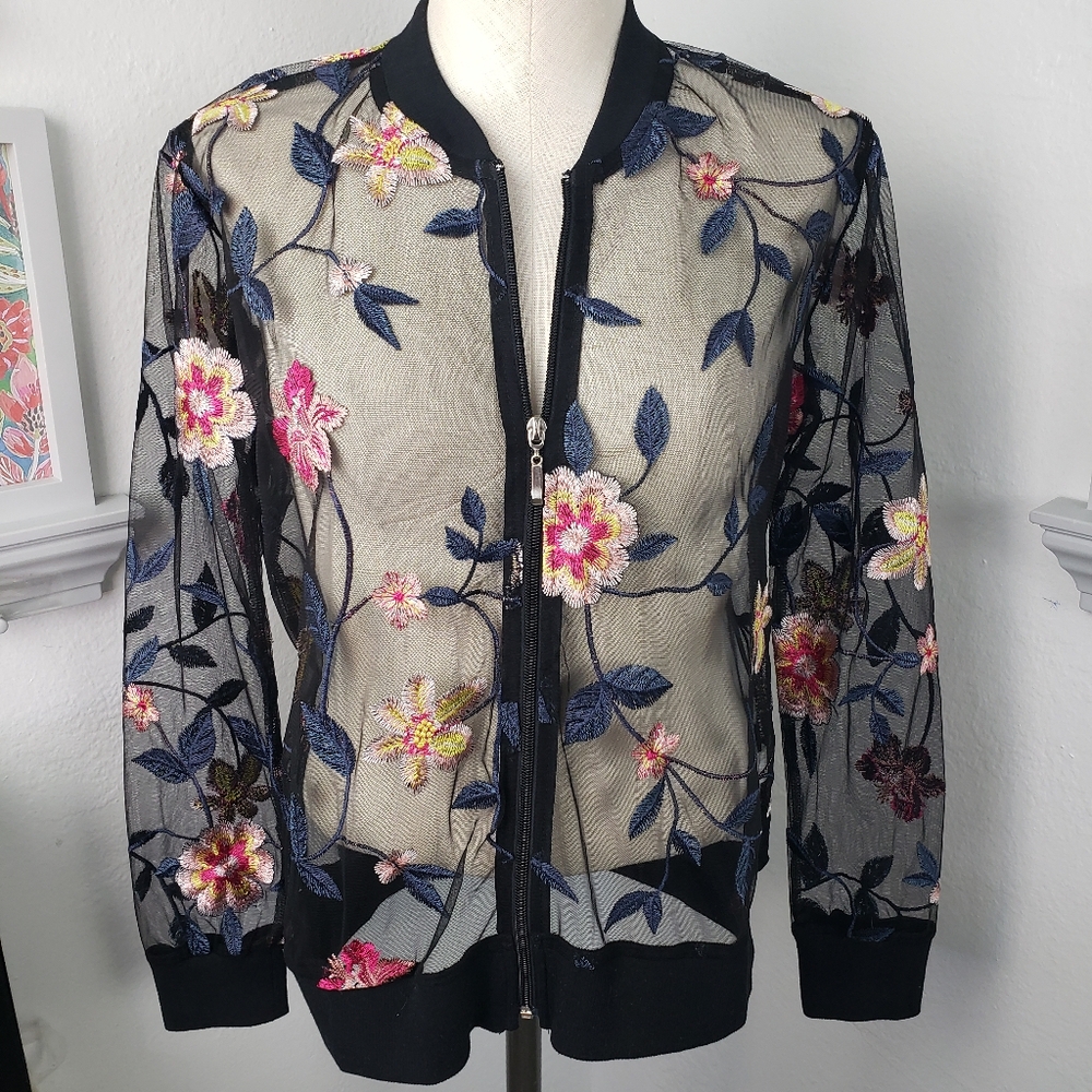 Drapers Sheer Black w/ Embroidered Flowers Whimsy Goth Grandma Vintage Bomber S